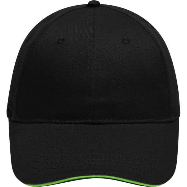 A black 6 panel brushed sandwich cap featuring a logo, with a green underside on the brim.