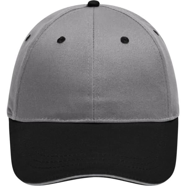 A grey and black 6 panel brushed sandwich cap featuring a logo on the front.