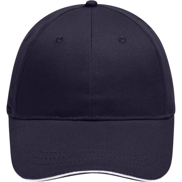 A navy blue six-panel brushed sandwich cap featuring a logo on the front.