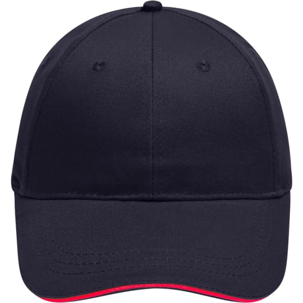 A navy blue cap featuring a curved brim and a contrasting red underside, with a logo on the front.