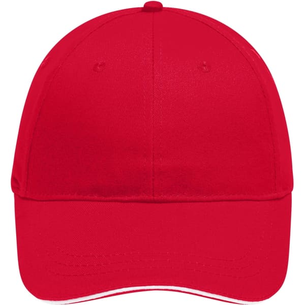 A red 6 panel brushed sandwich cap with a curved brim and a logo. Suitable for casual wear.