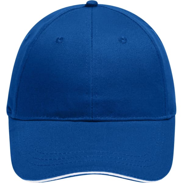 A blue 6 panel brushed sandwich cap with a slight sheen and a logo on the front.