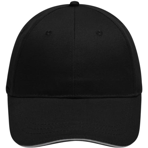 A black six-panel brushed sandwich cap featuring a curved peak and a logo.