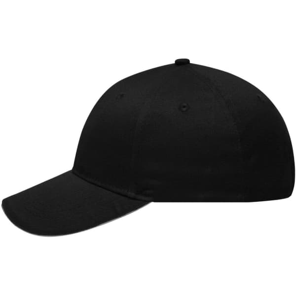 A black 6-panel brushed sandwich cap with a curved visor and a logo on the front.