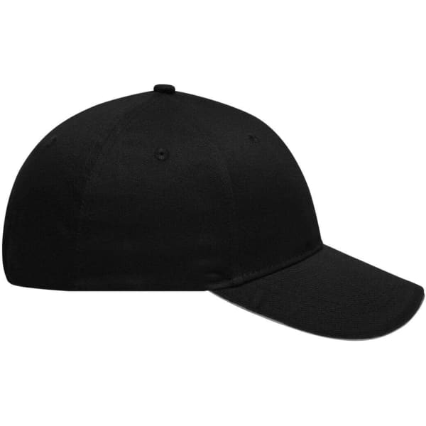 A black six-panel brushed sandwich cap with a curved brim and a logo on the front.