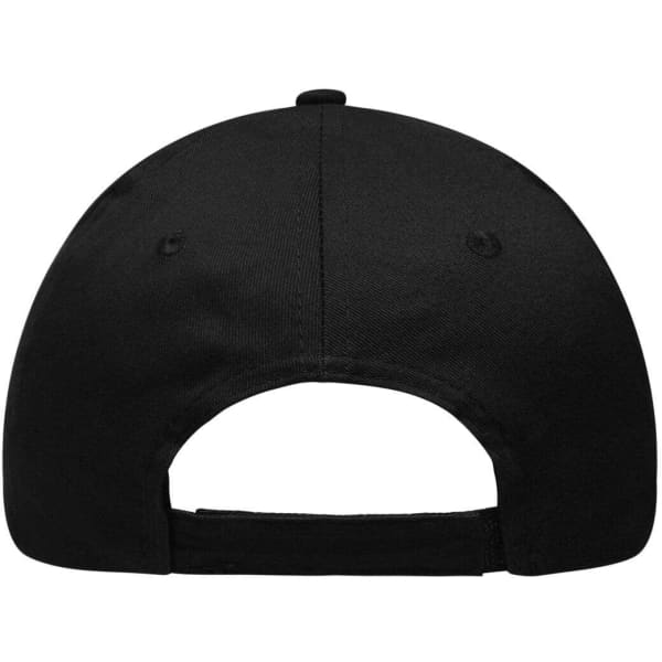 A black 6 Panel Brushed Sandwich Cap with an adjustable strap and logo on the back.