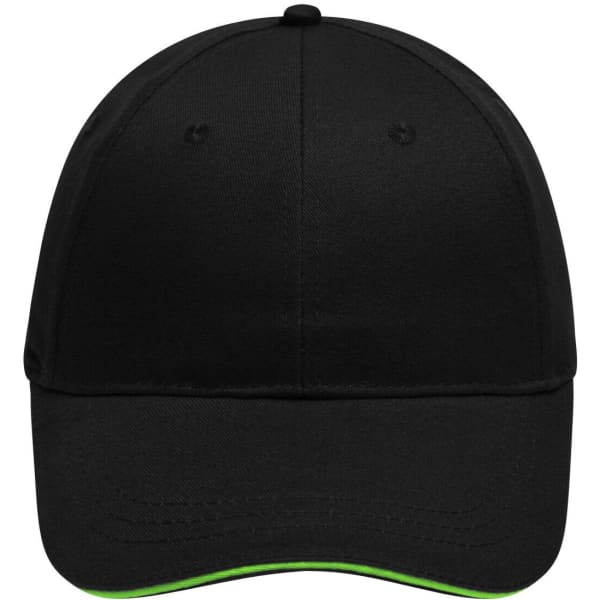 A black 6 panel brushed sandwich cap with a green underbrim and a logo on the front.