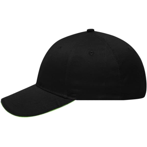 A black 6 panel brushed sandwich cap with a curved peak and a branding logo.