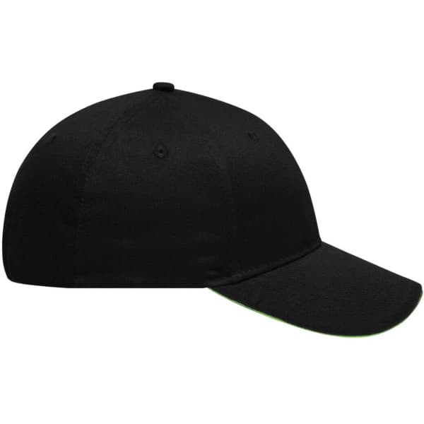 A black 6 panel brushed sandwich cap featuring a curved brim and a logo on the front.