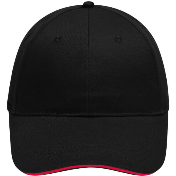 A black 6-panel brushed sandwich cap featuring a red trim and a logo on the front.