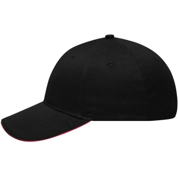 A black 6 panel brushed sandwich cap with a contrasting red trim, featuring a logo on the front.