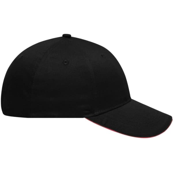 A black six-panel brushed sandwich cap featuring a contrasting red trim and a small logo.