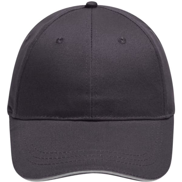 A dark grey six-panel brushed sandwich cap featuring a curved brim and a logo on the front.