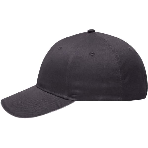 A black 6 panel brushed sandwich cap with a curved visor and a logo on the front.