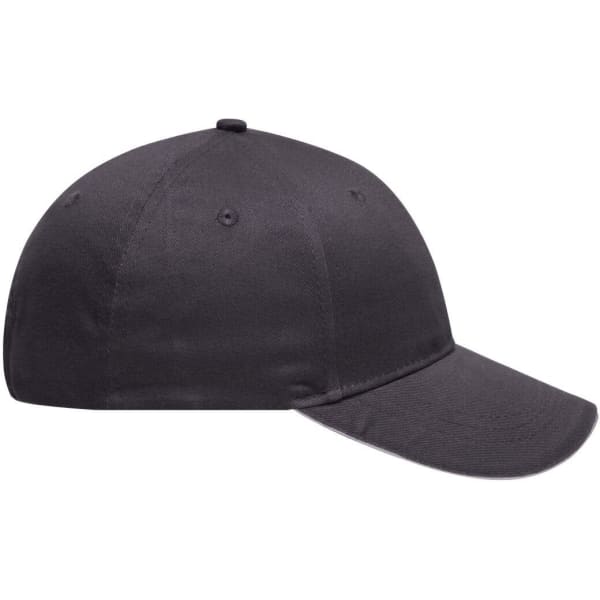 A black 6 panel brushed sandwich cap featuring a rounded crown and a curved brim, with a logo on it.