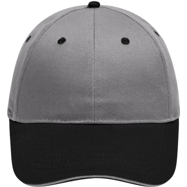 A grey and black 6 panel brushed sandwich cap with a logo on the front.