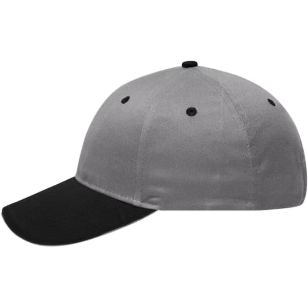 A grey and black 6 panel brushed sandwich cap featuring a rounded crown and pre-curved peak. It includes a logo.