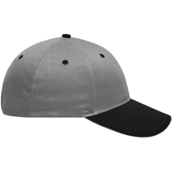 A grey and black six-panel brushed sandwich cap featuring a logo and a curved brim.