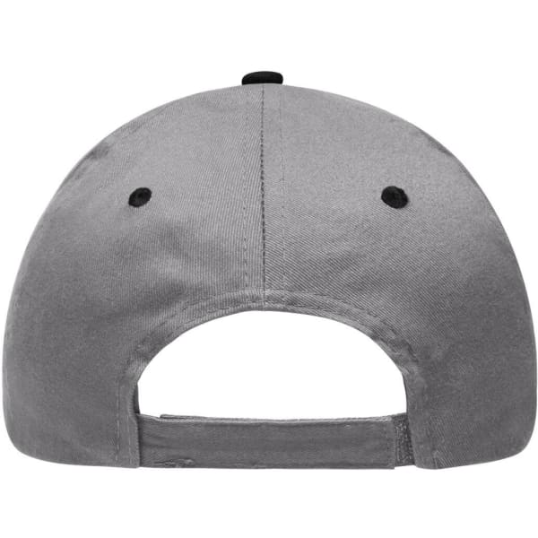 A grey 6 panel brushed sandwich cap featuring a back strap and a logo on the rear.