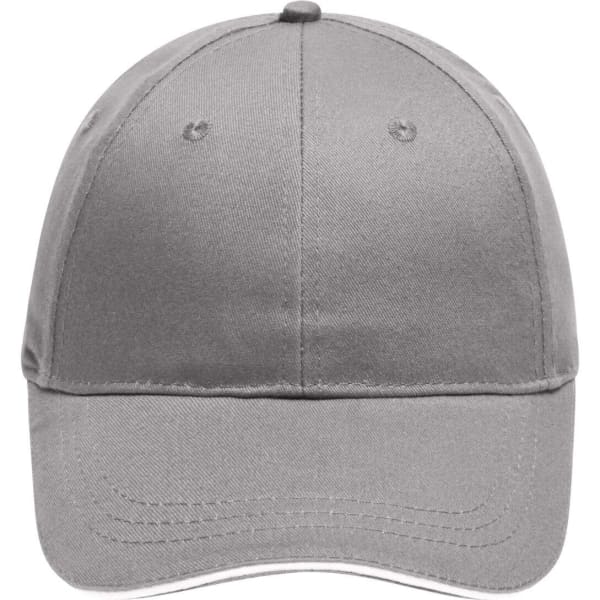 A grey 6 Panel Brushed Sandwich Cap featuring a curved peak and a logo on the front.
