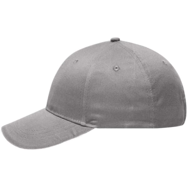 A grey 6-panel brushed sandwich cap with a smooth finish and a curved brim, featuring a logo.