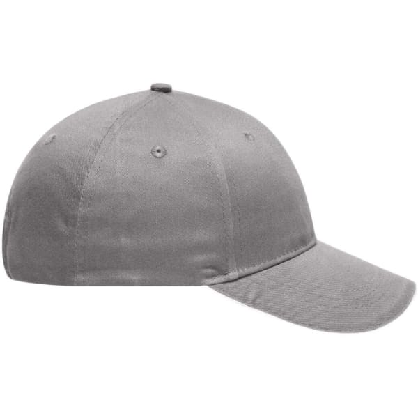 A grey 6 panel brushed sandwich cap with a curved brim and a logo on the front.