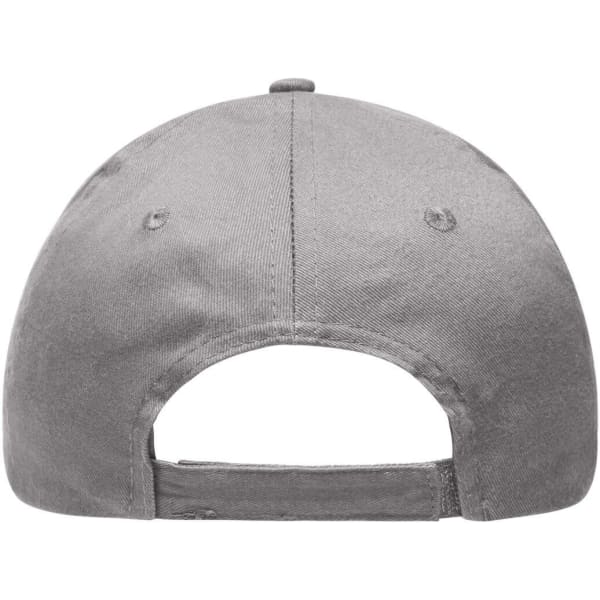 A grey 6 Panel Brushed Sandwich Cap featuring a back strap and an embroidered logo.