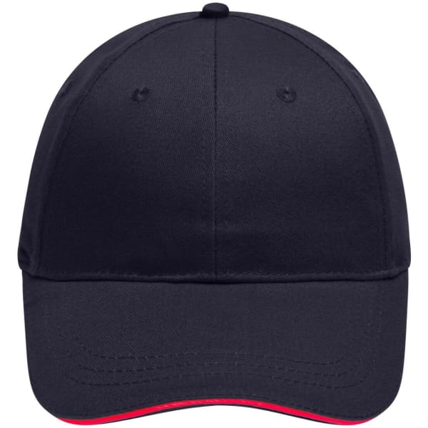 A navy blue 6 panel brushed sandwich cap with a contrasting red underbill and a logo on the front.