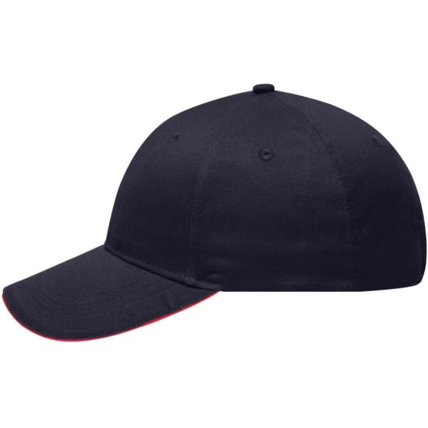 A navy blue 6 panel brushed sandwich cap with a contrasting red trim and a logo on the front.