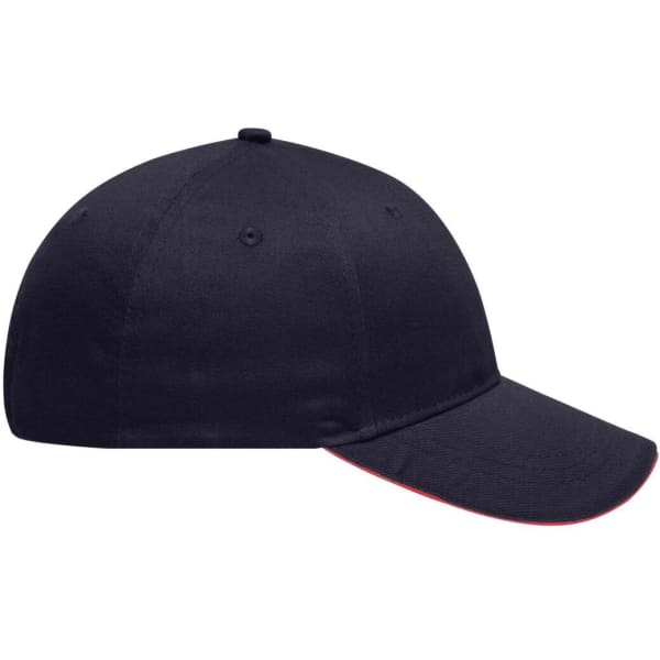 A navy blue 6 panel brushed sandwich cap with a contrasting trim, featuring a logo on the front.