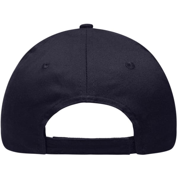 A black six-panel brushed sandwich cap with an adjustable strap at the back and a logo on the side.