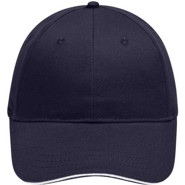 A navy blue six-panel brushed sandwich cap featuring ventilation eyelets and a logo.