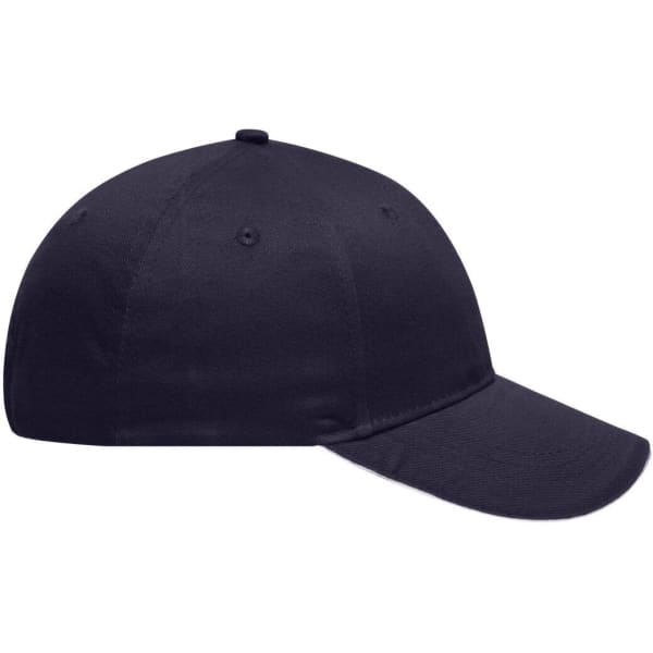 A navy blue 6 panel brushed sandwich cap featuring a curved visor and a branding logo.