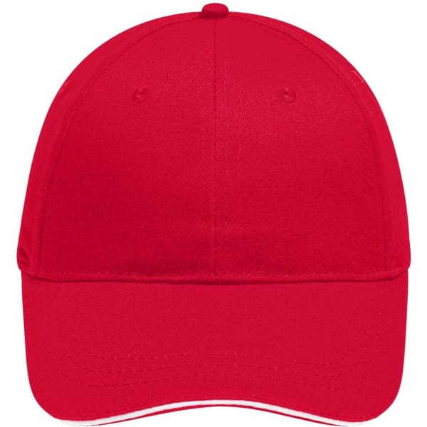 A red 6-panel brushed sandwich cap with a logo on the front.