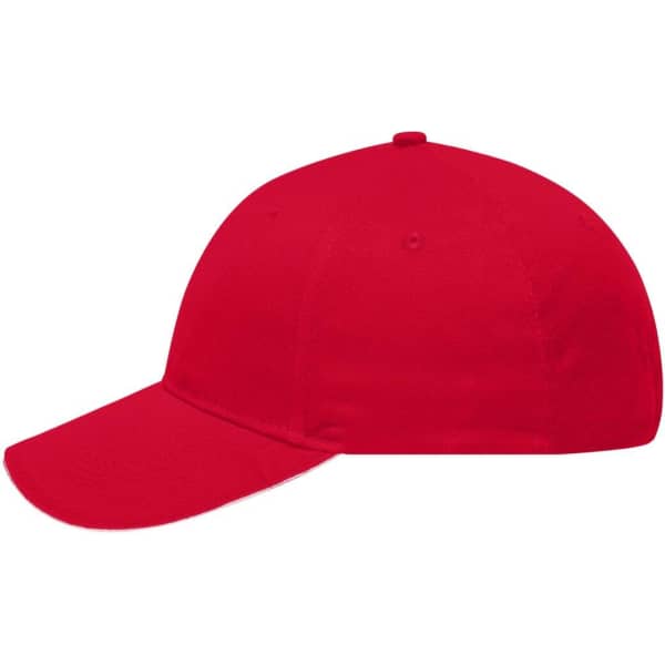 A red 6 panel brushed sandwich cap featuring a branded logo on the front.