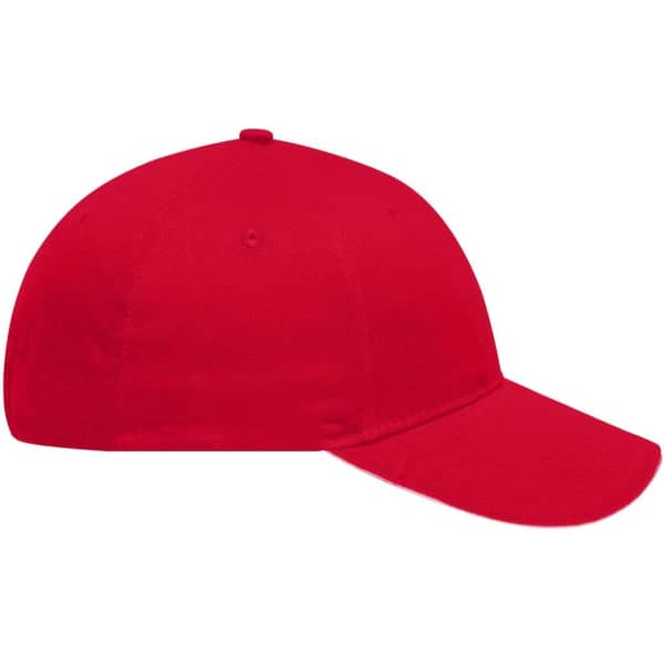 A red six-panel brushed sandwich cap with a curved brim and a logo on the front.