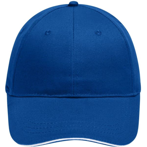 A blue 6 panel brushed sandwich cap featuring a curved brim and a logo on the front.