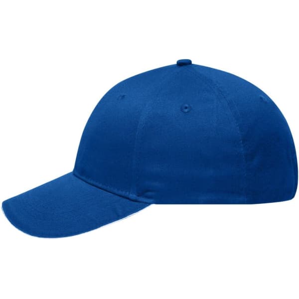 A blue 6-panel brushed sandwich cap featuring a curved brim and a logo on the front.