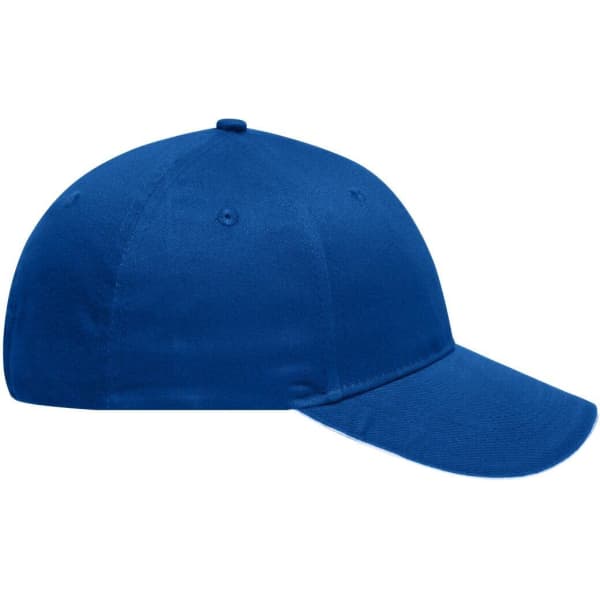 A blue 6 panel brushed sandwich cap with a curved visor and a logo on the front.