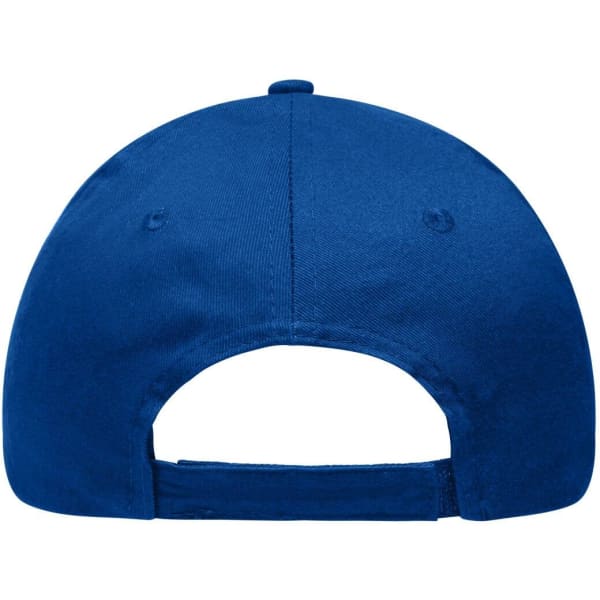 A blue 6 panel brushed sandwich cap featuring a back opening and an adjustable strap. It has a logo on the back.