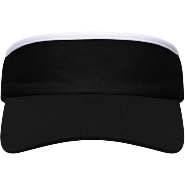 A black sport sunvisor with a white band across the front and a curved peak, featuring a logo.