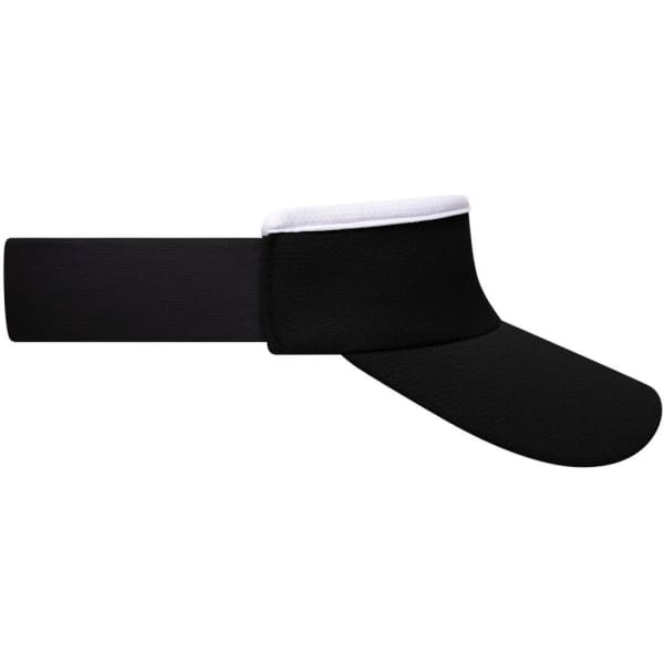 A black sport sunvisor with a white trim band and a wide brim, featuring a logo on the front.