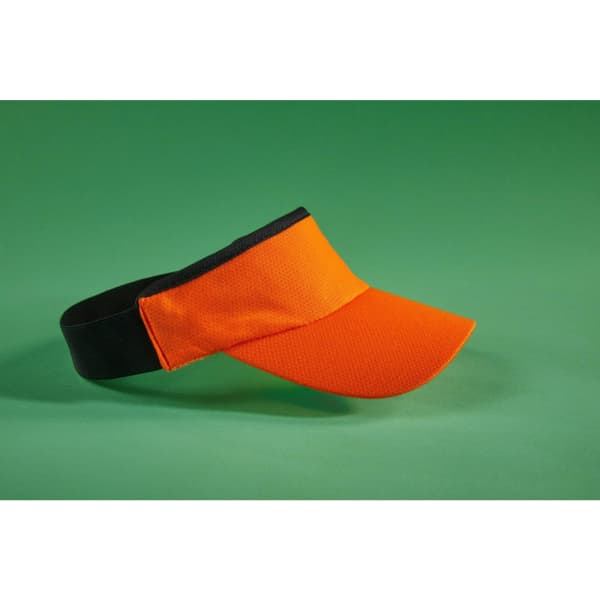 A bright orange sun visor with a black band, set against a green background. Features a logo on the front.