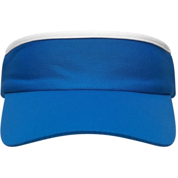 A blue sun visor with a white band at the top and a wide brim, featuring a logo on the front.