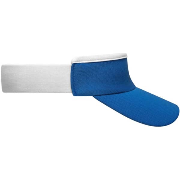 A blue and white sport sunvisor with a curved brim and an adjustable band. It features a logo on the front.