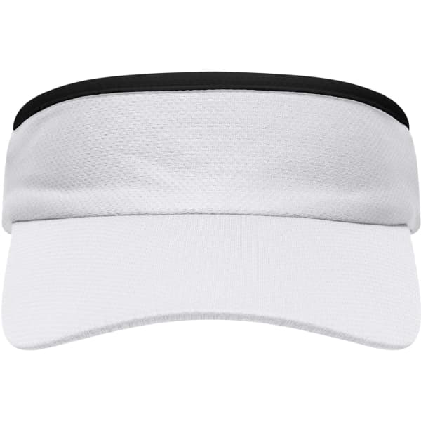A white sport sunvisor with a black trim and a branded logo on the front.