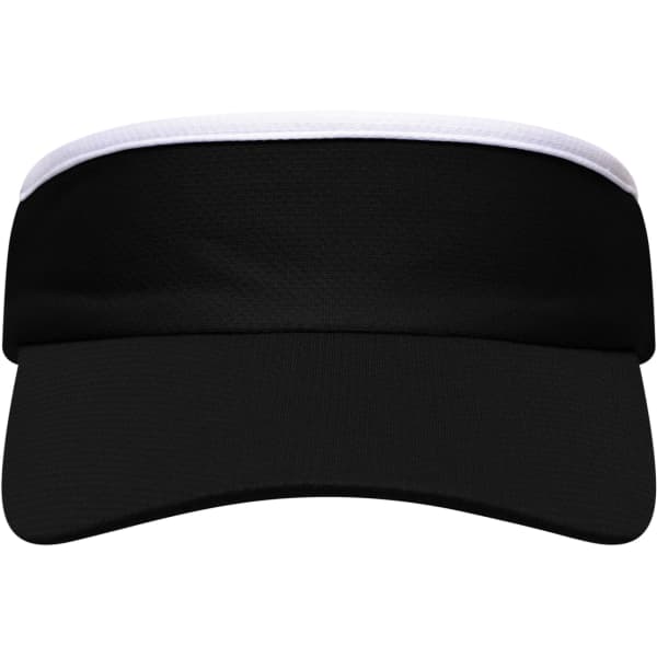 A black sun visor with a white trim, featuring a branded logo on the front panel.