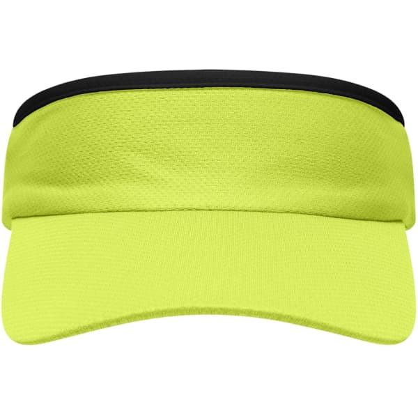 A bright yellow sport sunvisor with a black trim. It features a logo on the front.