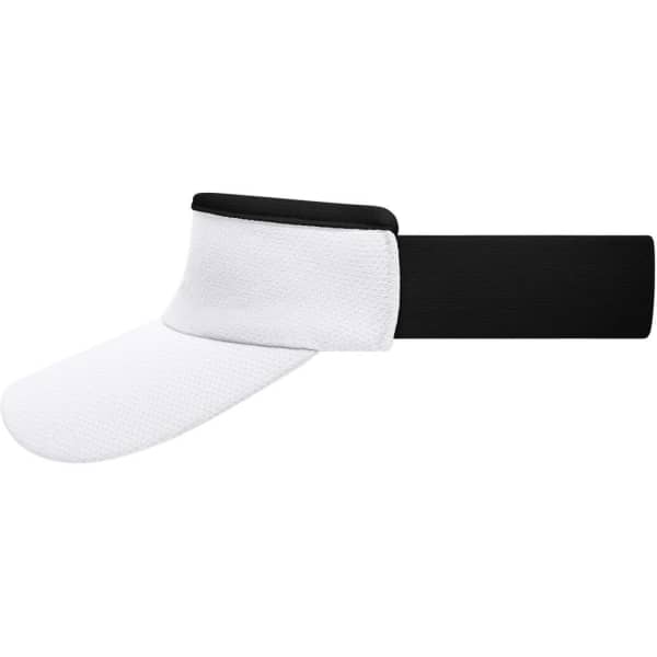 A white sport sunvisor with a black band and a curved brim. It features a logo on the front.