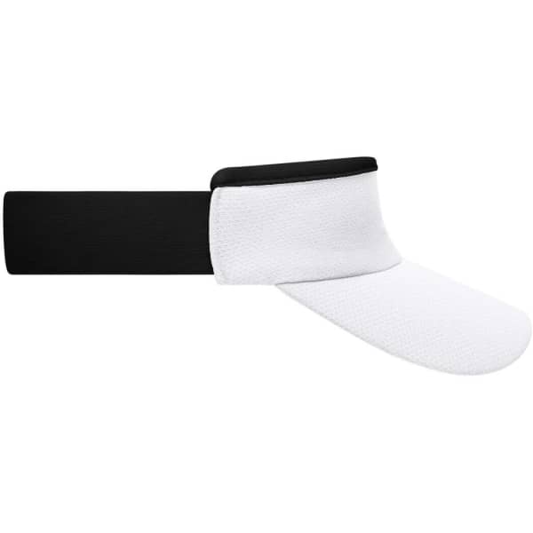 A white and black sport sunvisor with a wide brim and adjustable strap. Features a logo on the band.